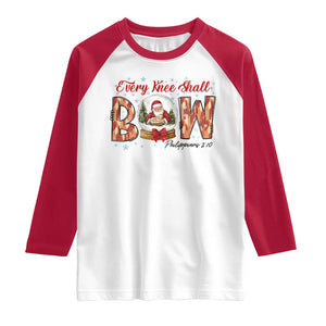 Every Knee Shall Bow Raglan Shirt Santa Christmas Nativity Scene Bible Verse TS11 White Red Print Your Wear