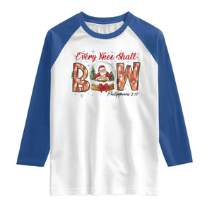 Every Knee Shall Bow Raglan Shirt Santa Christmas Nativity Scene Bible Verse TS11 White Royal Print Your Wear