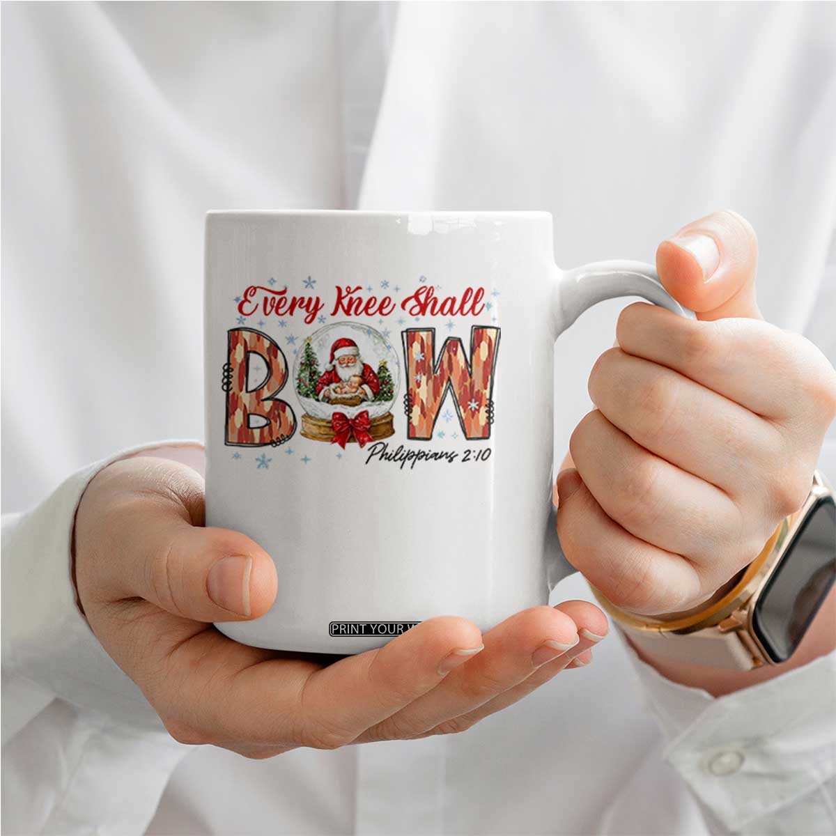 Every Knee Shall Bow Coffee Mug Santa Christmas Nativity Scene Bible Verse TS11 Print Your Wear