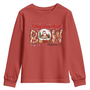 Every Knee Shall Bow Youth Sweatshirt Santa Christmas Nativity Scene Bible Verse TS11 Red Print Your Wear