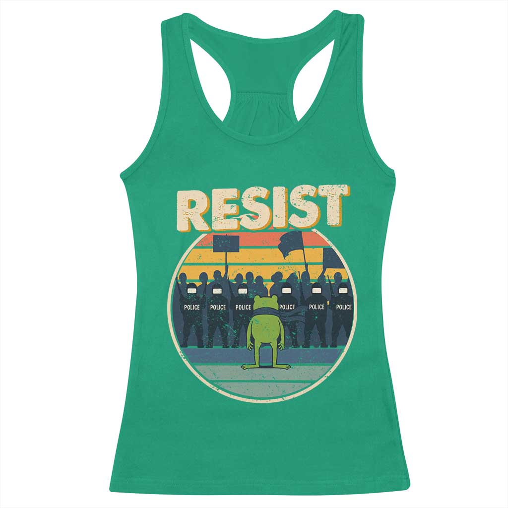 Frog Resist Racerback Tank Top Portland Frog Activist Protest Retro Sunset TS11 Irish Green Print Your Wear