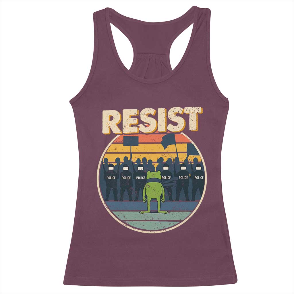 Frog Resist Racerback Tank Top Portland Frog Activist Protest Retro Sunset TS11 Maroon Print Your Wear
