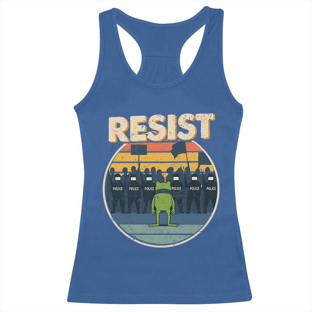 Frog Resist Racerback Tank Top Portland Frog Activist Protest Retro Sunset TS11 Royal Blue Print Your Wear