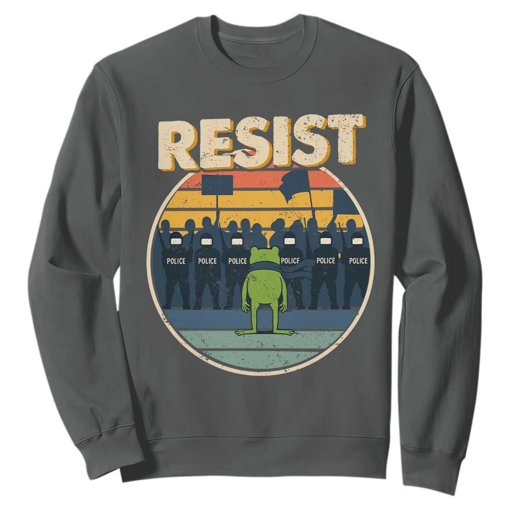Frog Resist Sweatshirt Portland Frog Activist Protest Retro Sunset TS11 Dark Heather Print Your Wear