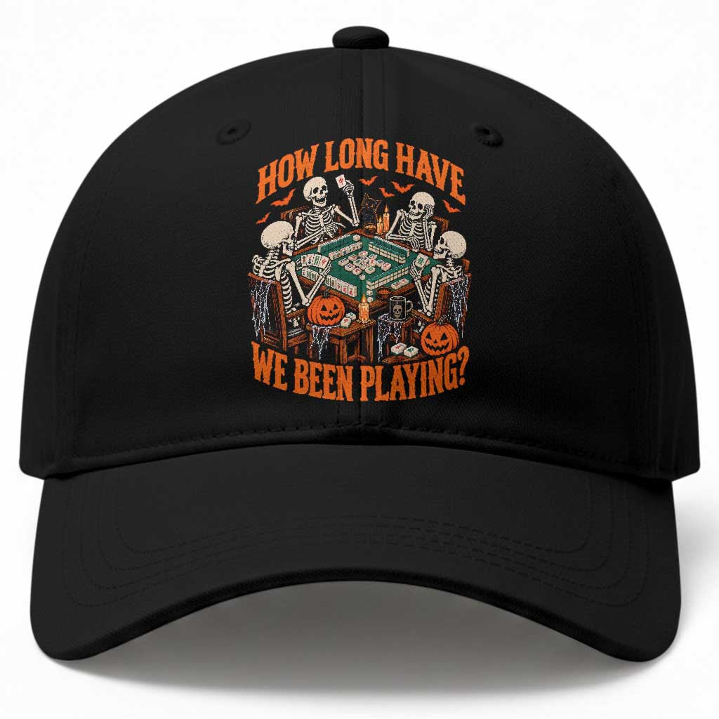 Funny Halloween Skeleton Playing Mahjong Baseball Cap How Long Have We Been Playing