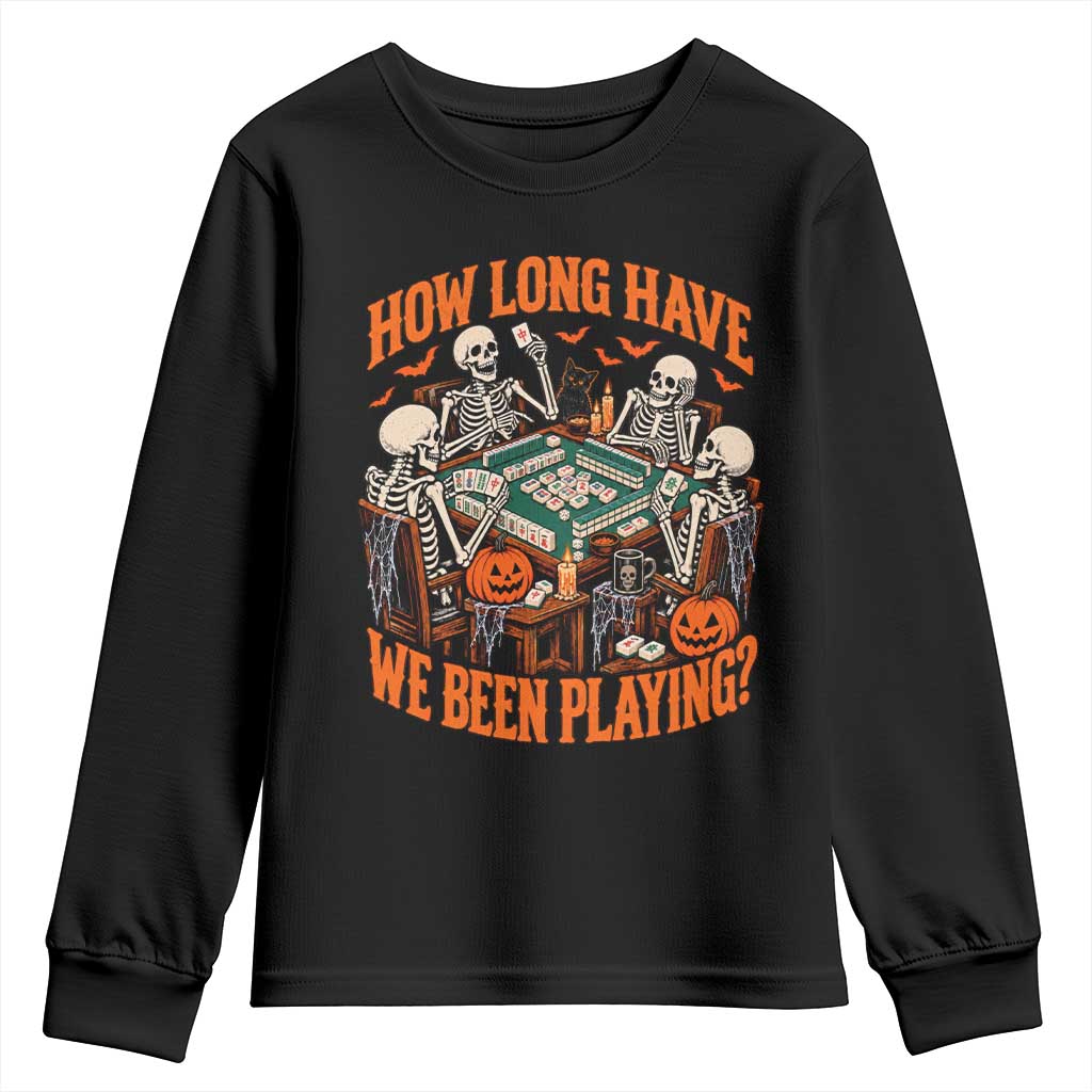 Funny Halloween Skeleton Playing Mahjong Youth Sweatshirt How Long Have We Been Playing