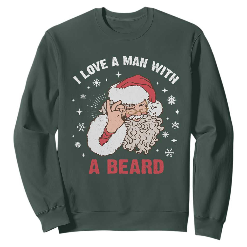 Funny Christmas Santa Sweatshirt I Love A Man With A Beard Snowflake TS11 Dark Forest Green Print Your Wear
