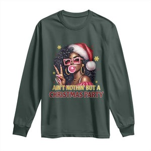 Funny African American Christmas Long Sleeve Shirt Ain't Nothin' But A Christmas Party Black Melanin Santa Girl TS11 Dark Forest Green Print Your Wear