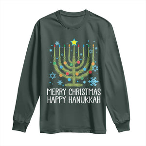 Funny Chrismukkah Long Sleeve Shirt Merry Christmas Happy Hanukkah Christmas Tree Jewish Menorah TS11 Dark Forest Green Print Your Wear