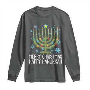 Funny Chrismukkah Long Sleeve Shirt Merry Christmas Happy Hanukkah Christmas Tree Jewish Menorah TS11 Dark Heather Print Your Wear