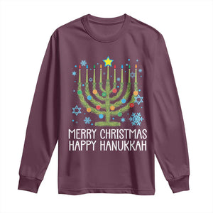 Funny Chrismukkah Long Sleeve Shirt Merry Christmas Happy Hanukkah Christmas Tree Jewish Menorah TS11 Maroon Print Your Wear