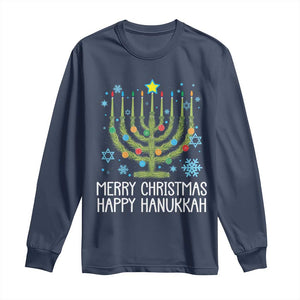 Funny Chrismukkah Long Sleeve Shirt Merry Christmas Happy Hanukkah Christmas Tree Jewish Menorah TS11 Navy Print Your Wear