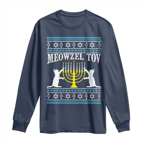 Meowzel Tov Long Sleeve Shirt Funny Hanukkah Cat Jewish Chanukah Menorah TS11 Navy Print Your Wear