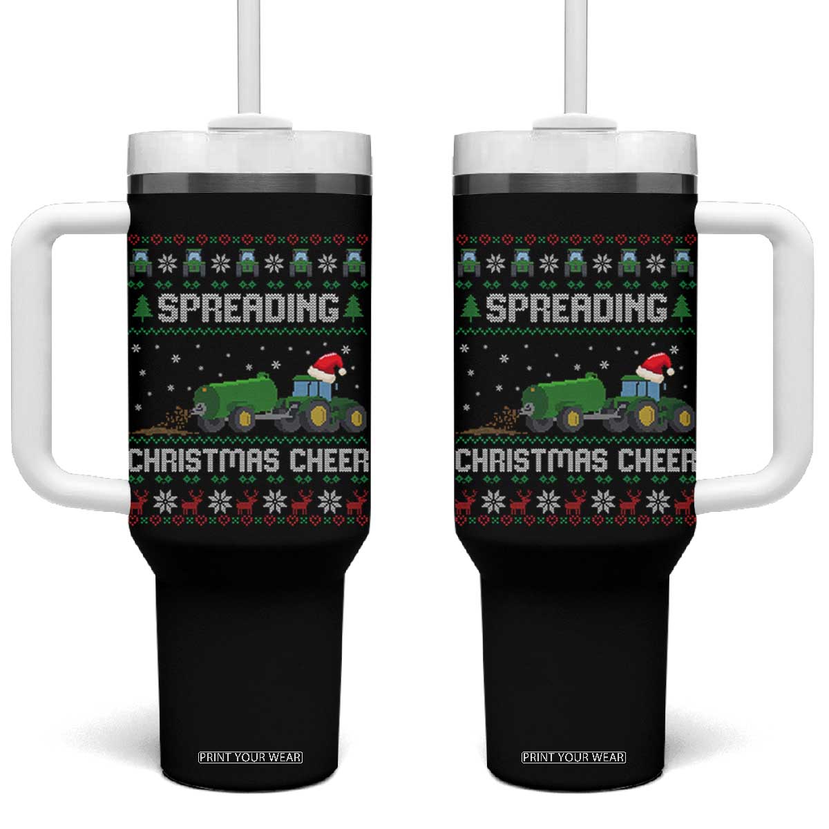 Spreading Christmas Cheer Tumbler With Handle Funny Farming Tractor Xmas TS11 One Size: 40 oz Black Print Your Wear