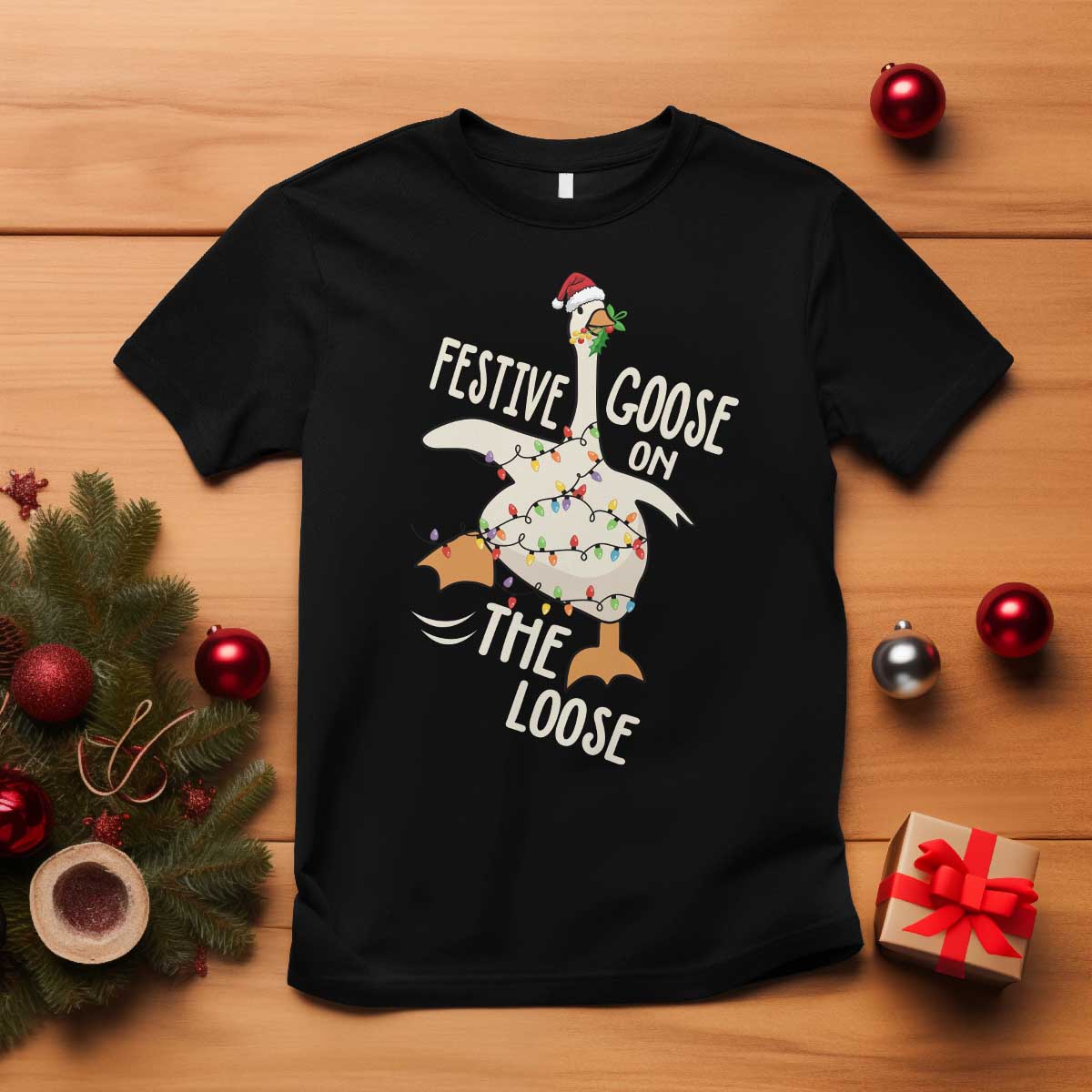 Funny Goose Christmas T Shirt Festive Goose On The Loose Xmas Lights TS11 Black Print Your Wear