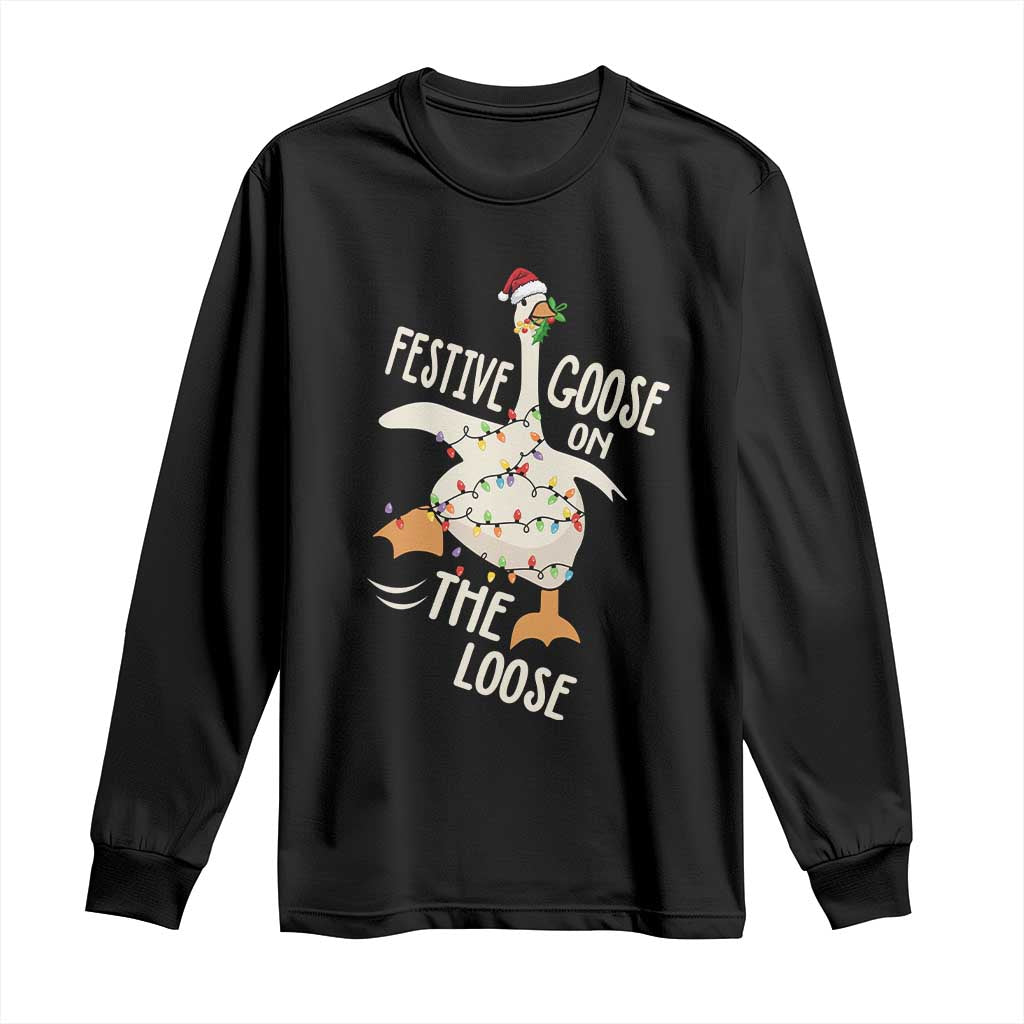 Funny Goose Christmas Long Sleeve Shirt Festive Goose On The Loose Xmas Lights TS11 Black Print Your Wear