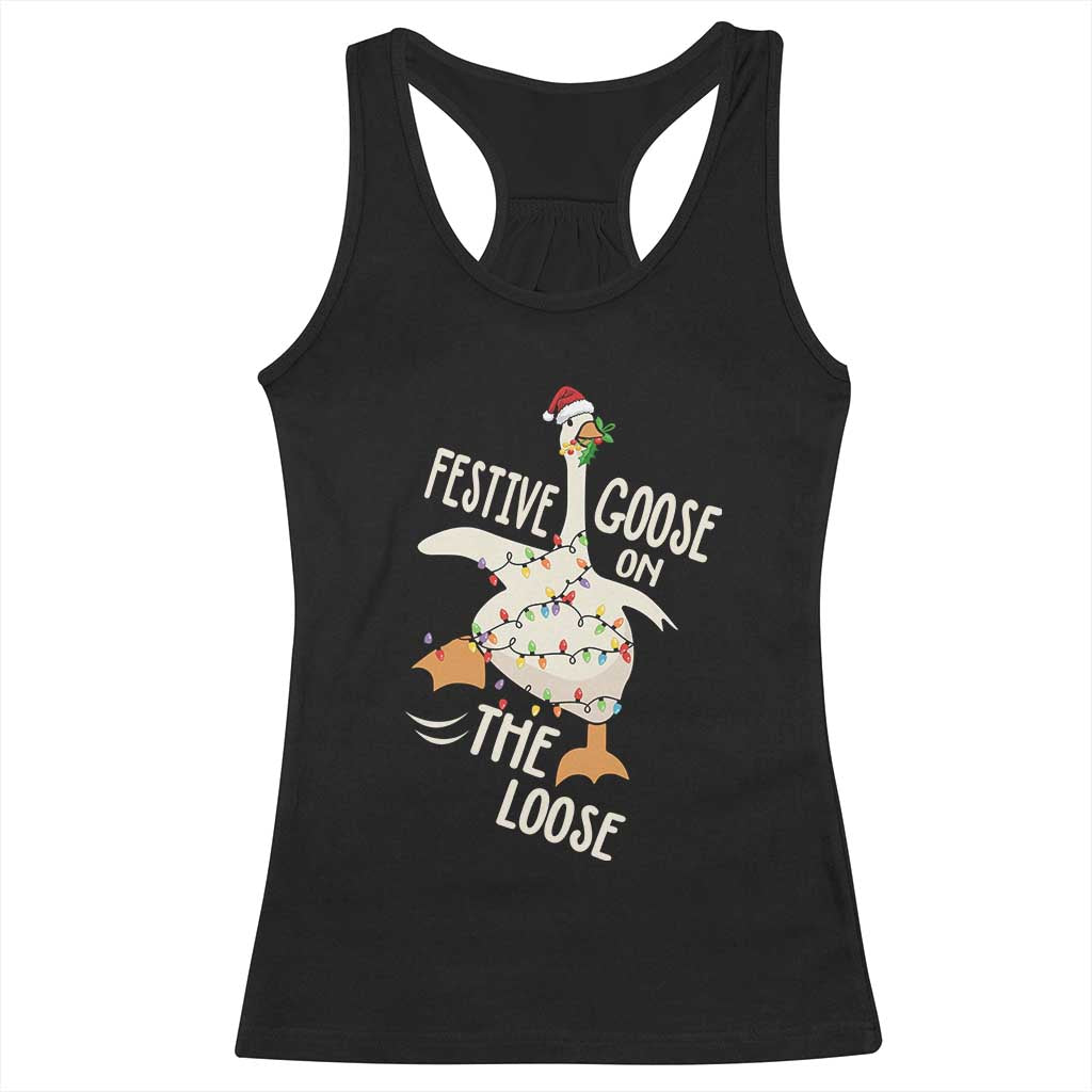 Funny Goose Christmas Racerback Tank Top Festive Goose On The Loose Xmas Lights TS11 Black Print Your Wear