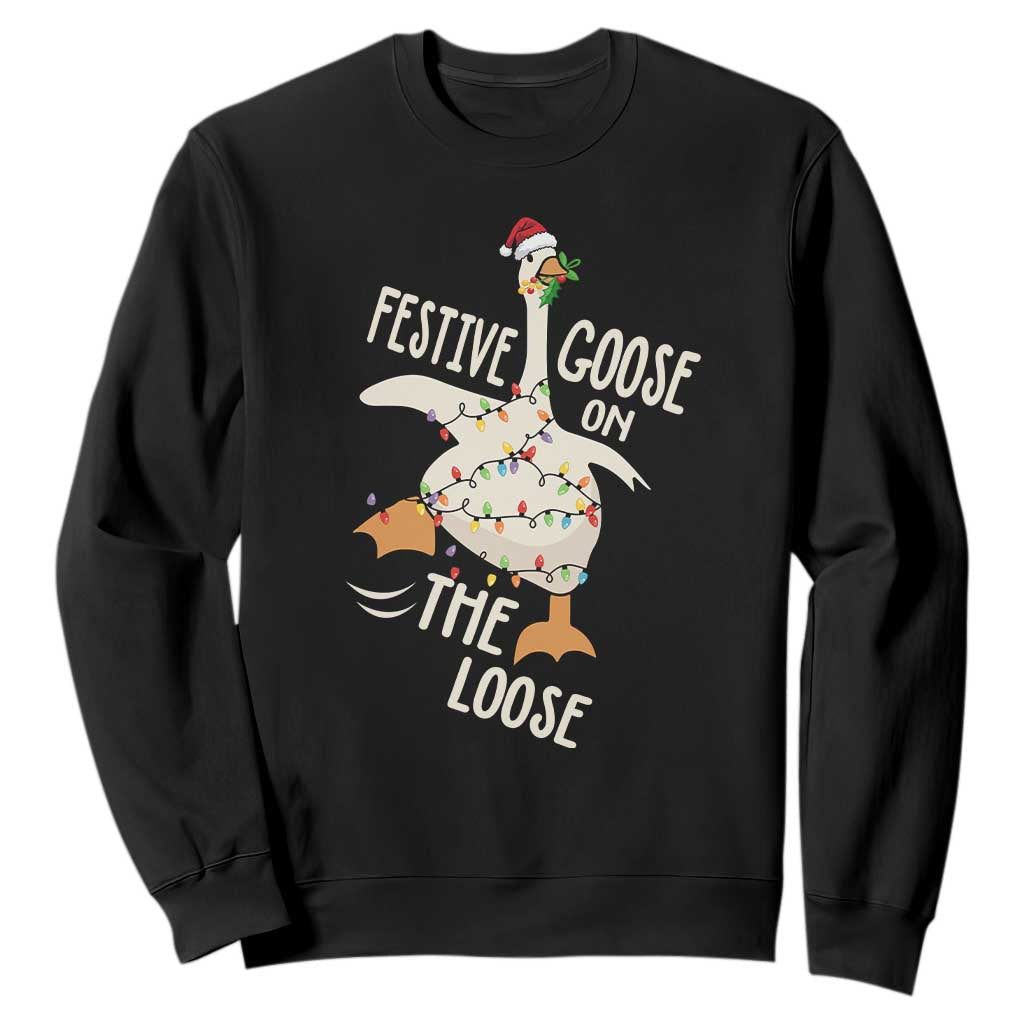 Funny Goose Christmas Sweatshirt Festive Goose On The Loose Xmas Lights TS11 Black Print Your Wear