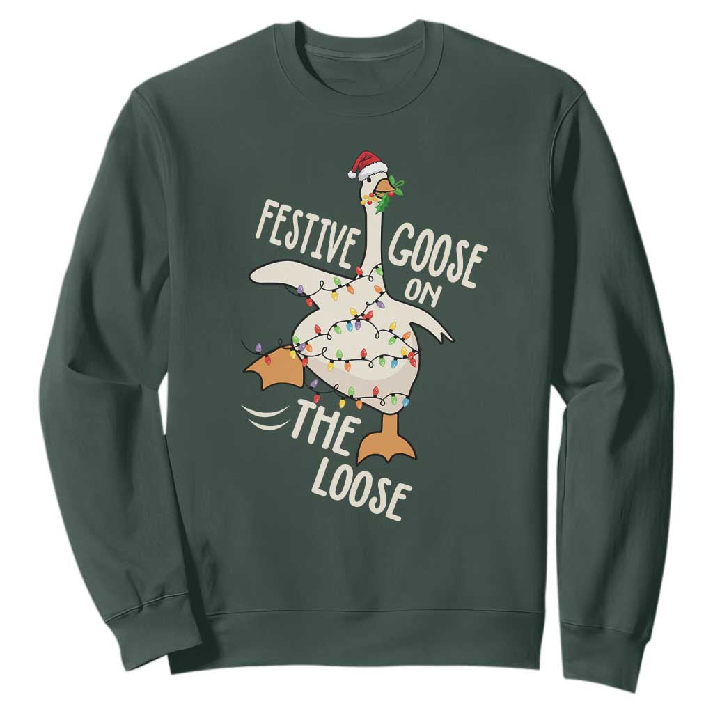 Funny Goose Christmas Sweatshirt Festive Goose On The Loose Xmas Lights TS11 Dark Forest Green Print Your Wear
