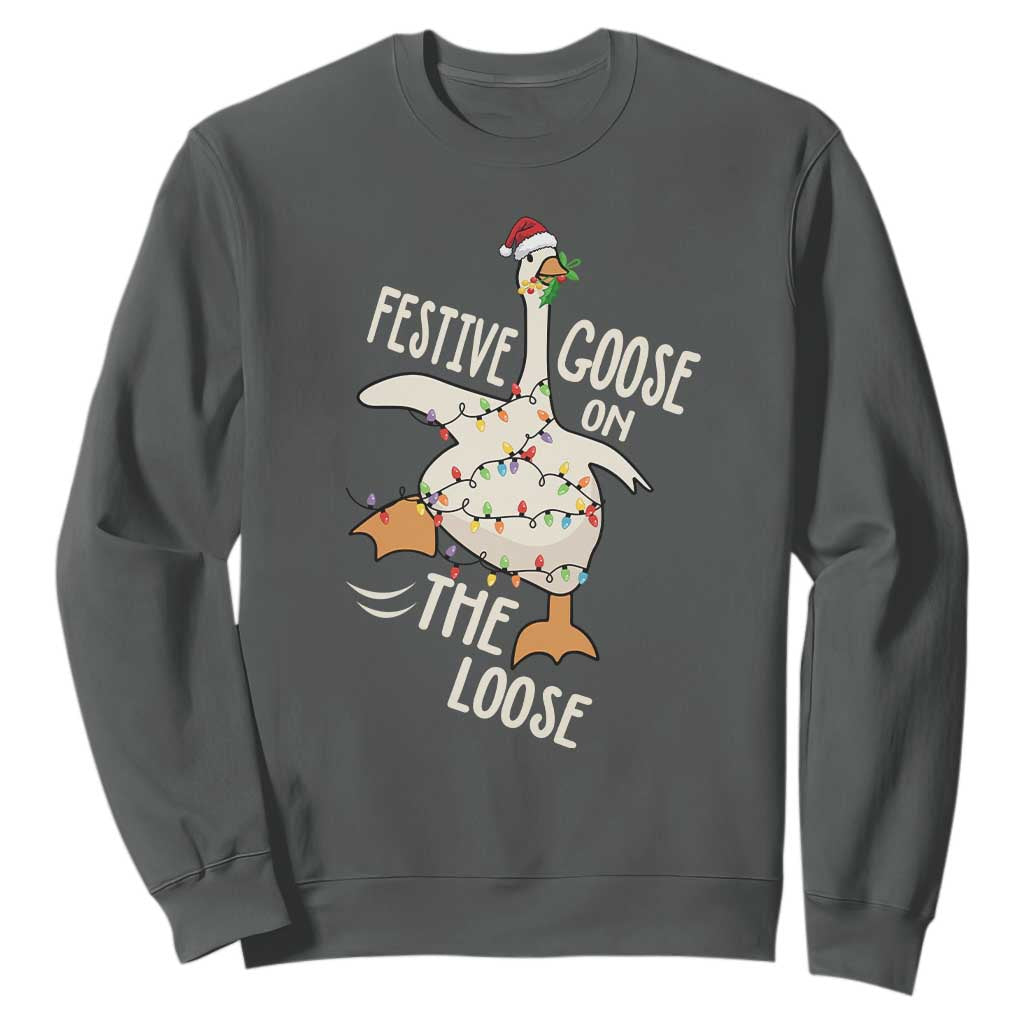 Funny Goose Christmas Sweatshirt Festive Goose On The Loose Xmas Lights TS11 Dark Heather Print Your Wear