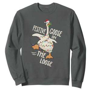 Funny Goose Christmas Sweatshirt Festive Goose On The Loose Xmas Lights TS11 Dark Heather Print Your Wear