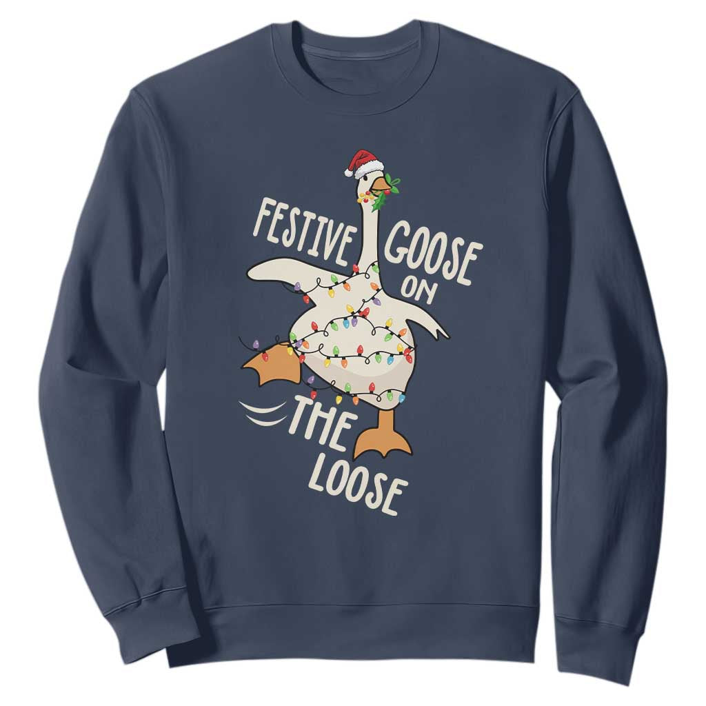 Funny Goose Christmas Sweatshirt Festive Goose On The Loose Xmas Lights TS11 Navy Print Your Wear
