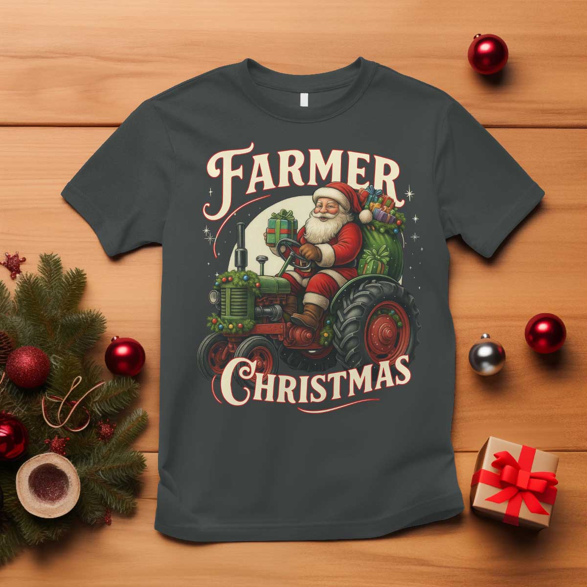 Funny Farmer Christmas Xmas Santa Farm Tractor T Shirt TS11 Dark Heather Print Your Wear