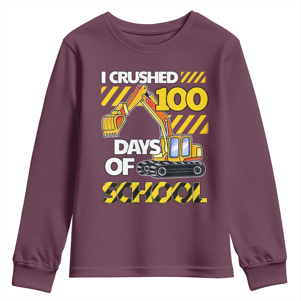 I Crushed 100 Days Of School Youth Sweatshirt Construction Vehicle Excavators TS11 Maroon Print Your Wear