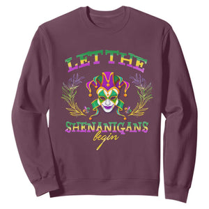 Funny Mardi Gras Sweatshirt Let The Shenanigans Begin Jester Hat TS11 Maroon Print Your Wear