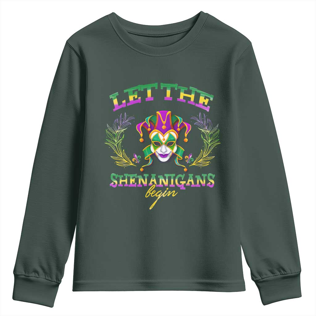 Funny Mardi Gras Youth Sweatshirt Let The Shenanigans Begin Jester Hat TS11 Dark Forest Green Print Your Wear