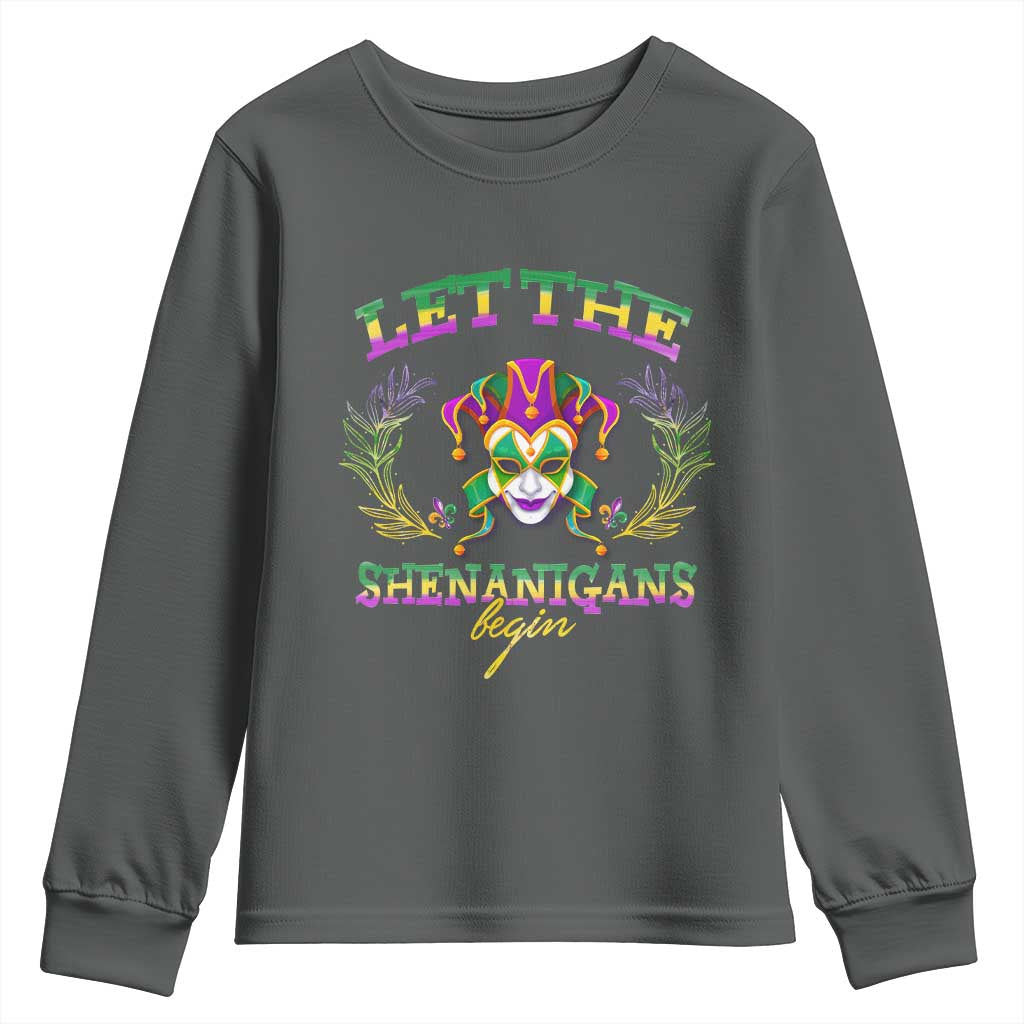 Funny Mardi Gras Youth Sweatshirt Let The Shenanigans Begin Jester Hat TS11 Dark Heather Print Your Wear