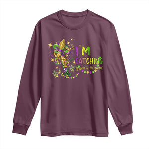 Funny I'm Catchin' If You're Throwin' Mardi Gras Long Sleeve Shirt Crawfish Beads Fleur De Lys TS11 Maroon Print Your Wear