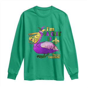 Funny Mardi Gras Pelican Long Sleeve Shirt I'm Catchin' If You're Throwin' Beads Doubloons TS11 Irish Green Print Your Wear