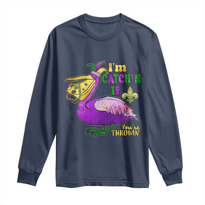 Funny Mardi Gras Pelican Long Sleeve Shirt I'm Catchin' If You're Throwin' Beads Doubloons TS11 Navy Print Your Wear