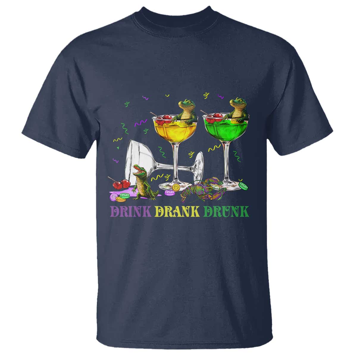Funny Mardi Gras Drinking T Shirt Drink Drank Drunk Glass Of Wine Alligators TS11 Navy Print Your Wear