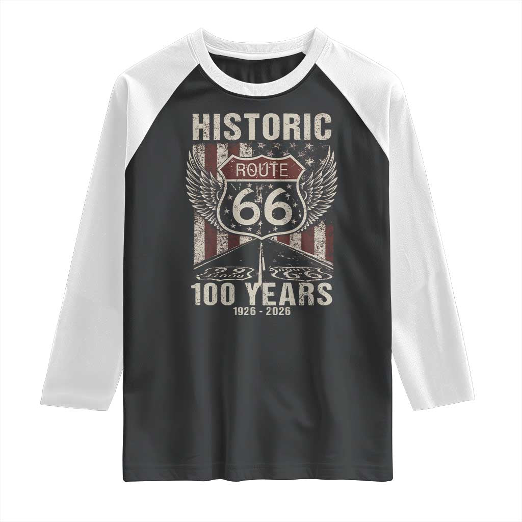 Historic Route Highway 66 100 Years Anniversary Raglan Shirt Highway Road Sign Wings Vintage American Flag TS11 Black White Print Your Wear