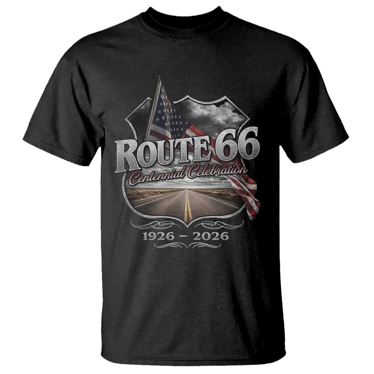 US Route Highway 66 Centennial Celebration T Shirt - 100 Years Of The Mother Road - Vintage American Flag TS11 Black Print Your Wear