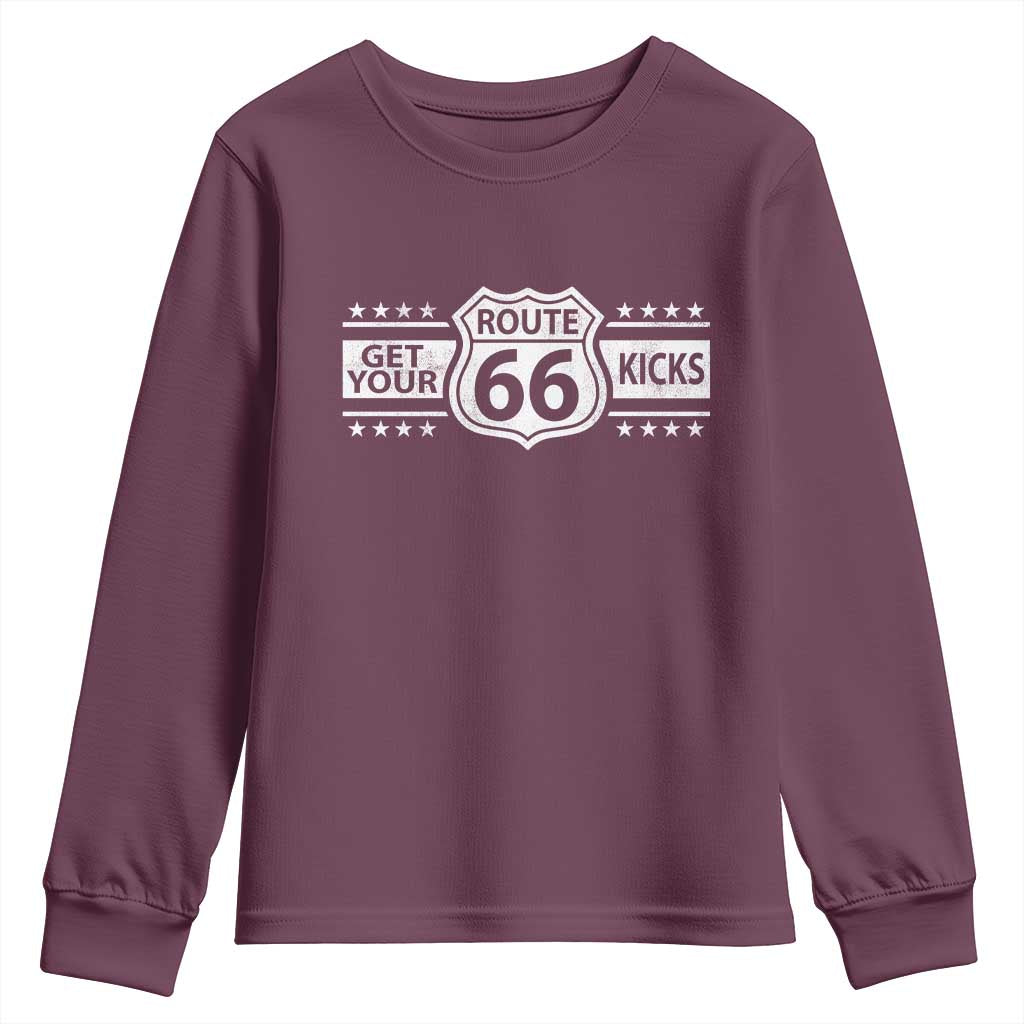 Route Highway 66 Youth Sweatshirt Get Your Kicks American Road Trip TS11 Maroon Print Your Wear