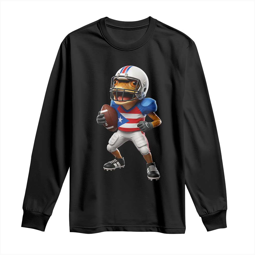 Funny Coqui Frog Puerto Rico Playing Football Long Sleeve Shirt Boricua Game Day TS11 Black Print Your Wear