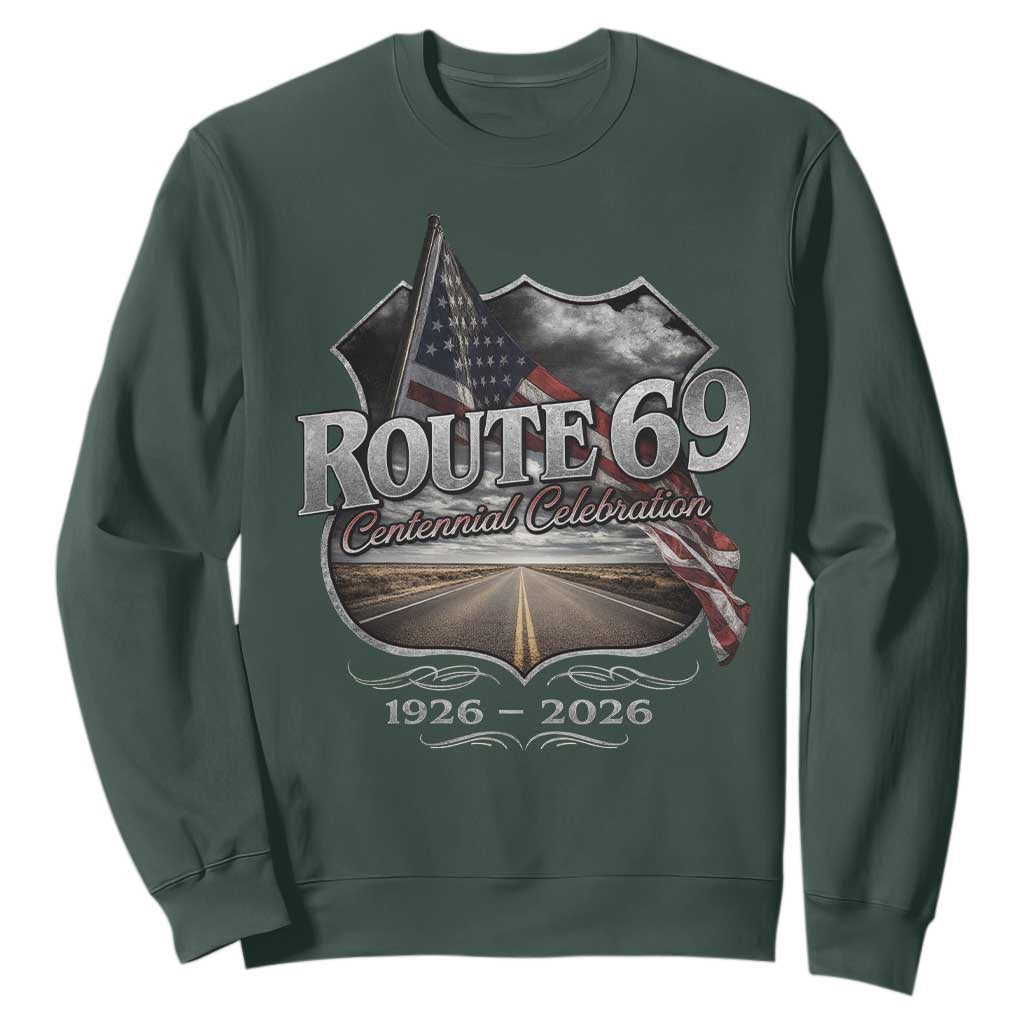 US Route 69 Centennial Celebration Sweatshirt Highway Road 100 Years Anniversary American Flag TS11 Dark Forest Green Print Your Wear