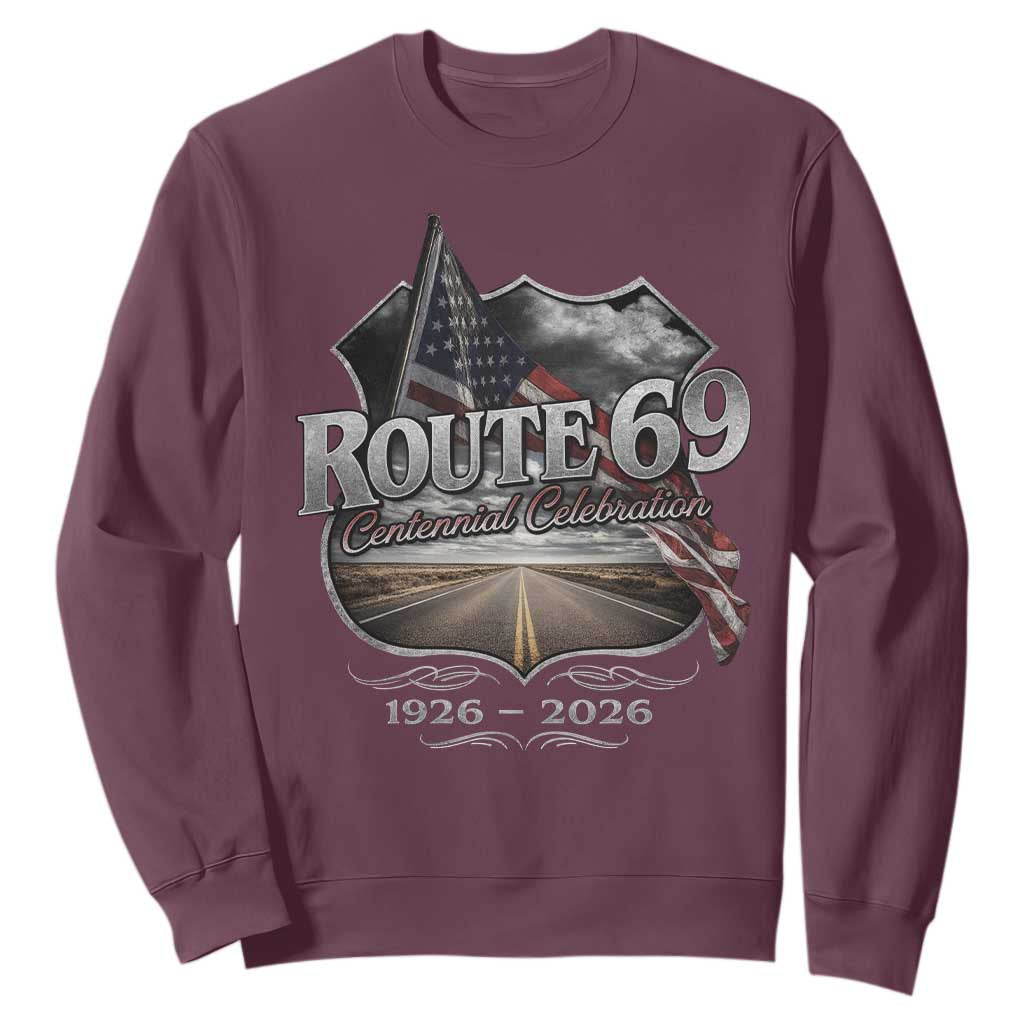 US Route 69 Centennial Celebration Sweatshirt Highway Road 100 Years Anniversary American Flag TS11 Maroon Print Your Wear
