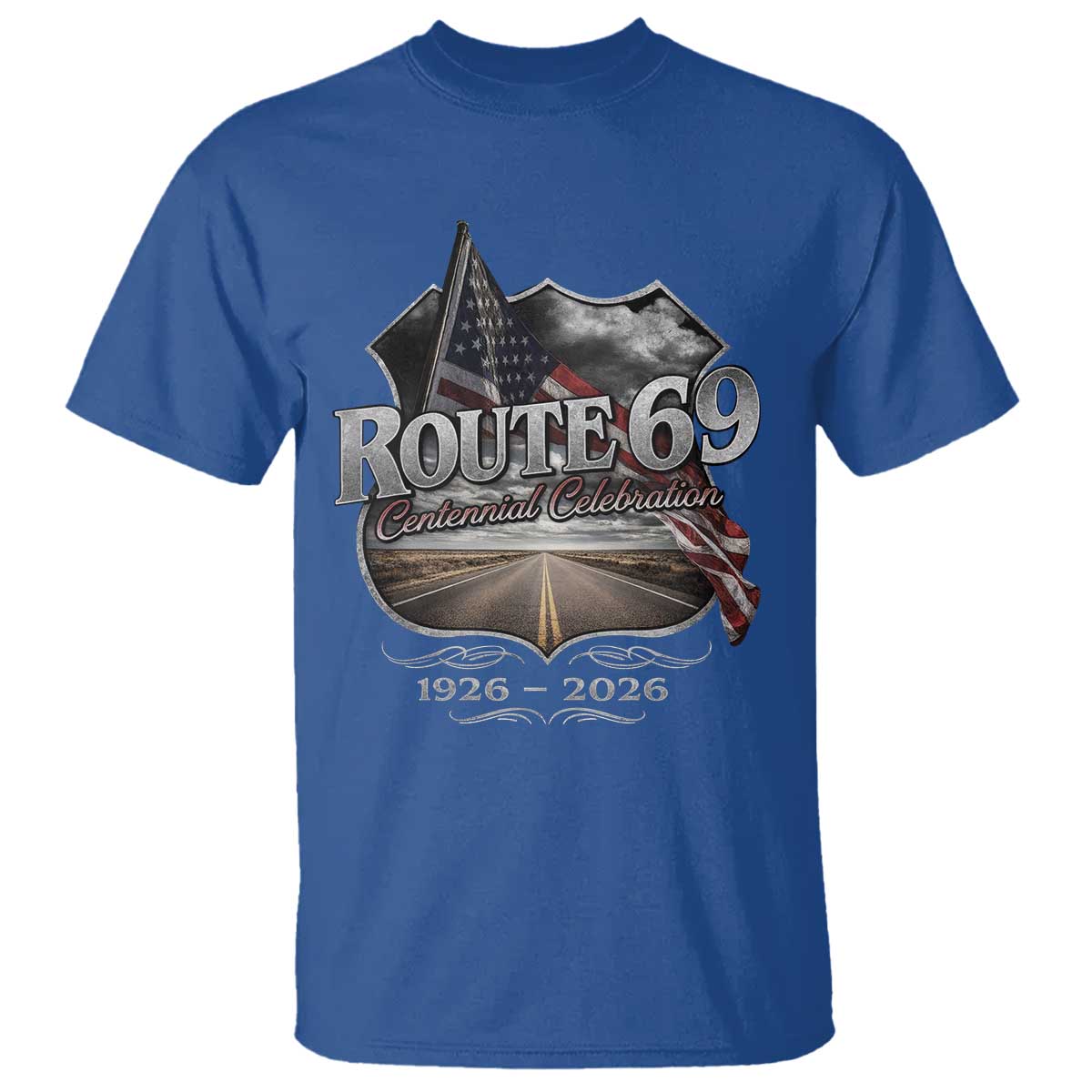 US Route 69 Centennial Celebration T Shirt Highway Road 100 Years Anniversary American Flag TS11 Royal Blue Print Your Wear
