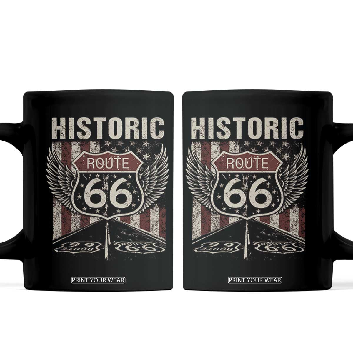 Historic Route Highway 66 Coffee Mug Vintage American Flag TS11 Black Print Your Wear