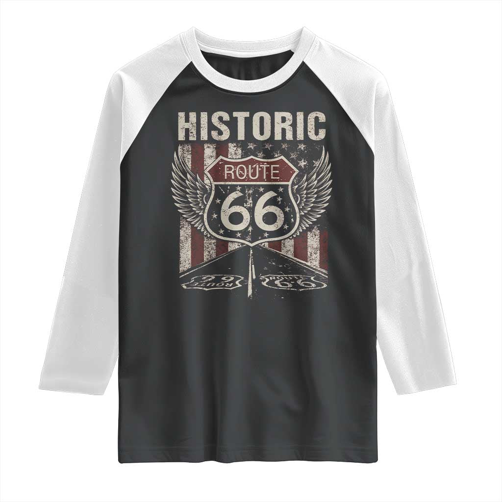 Historic Route Highway 66 Raglan Shirt Vintage American Flag TS11 Black White Print Your Wear