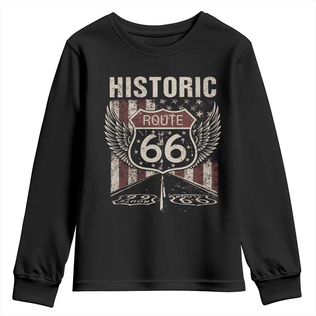 Historic Route Highway 66 Youth Sweatshirt Vintage American Flag TS11 Black Print Your Wear