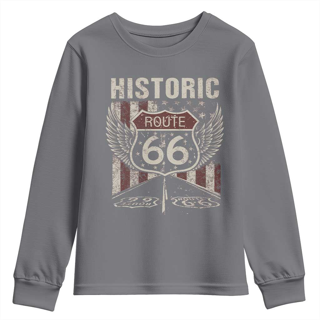 Historic Route Highway 66 Youth Sweatshirt Vintage American Flag TS11 Charcoal Print Your Wear