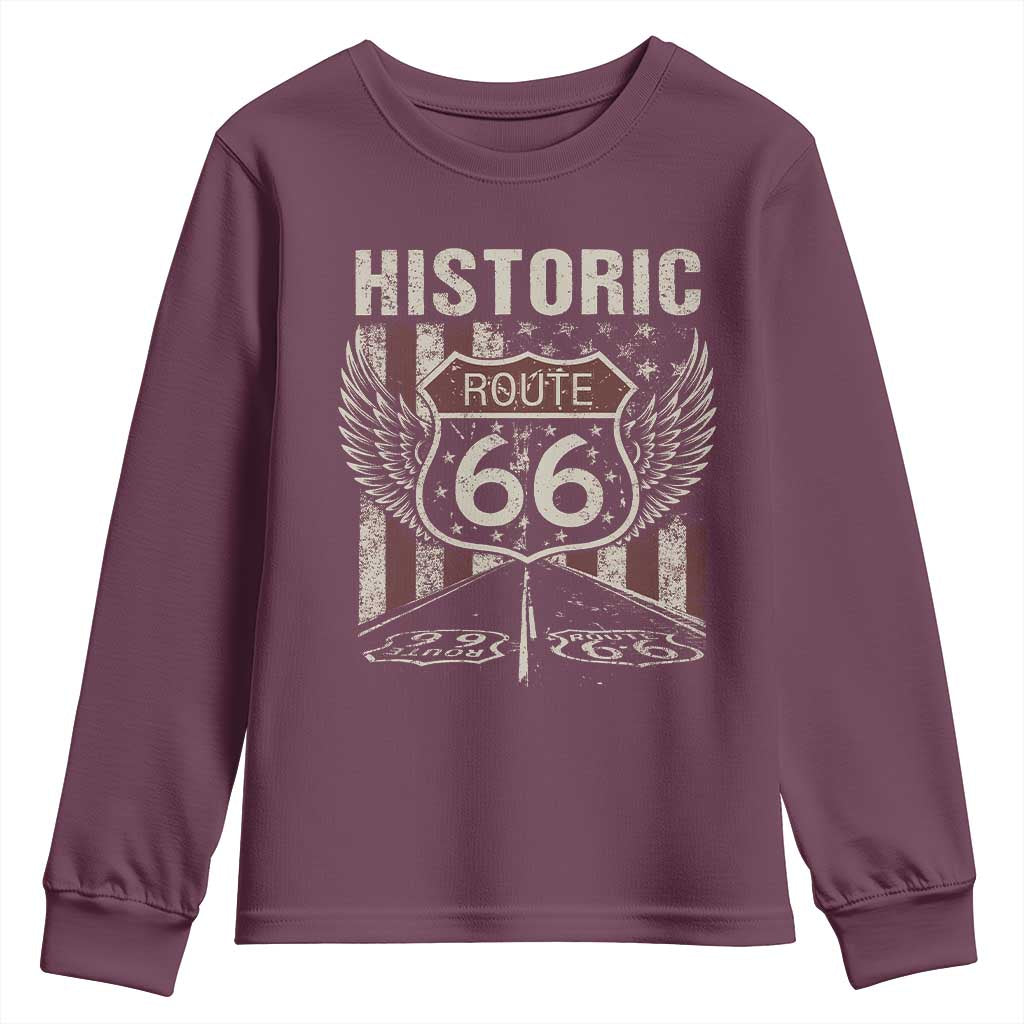 Historic Route Highway 66 Youth Sweatshirt Vintage American Flag TS11 Maroon Print Your Wear