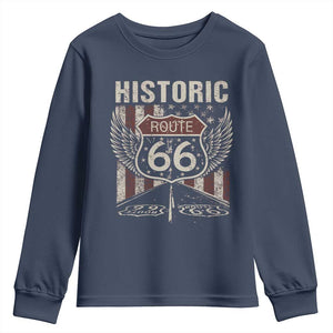 Historic Route Highway 66 Youth Sweatshirt Vintage American Flag TS11 Navy Print Your Wear