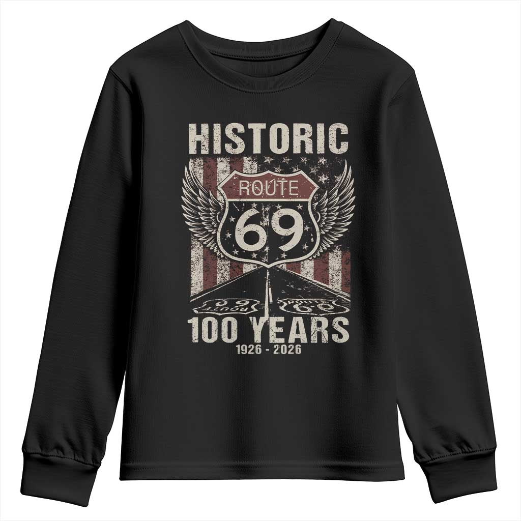 Historic US Route 69 100 Years Anniversary Youth Sweatshirt Highway Road Sign Wings Vintage American Flag TS11 Black Print Your Wear