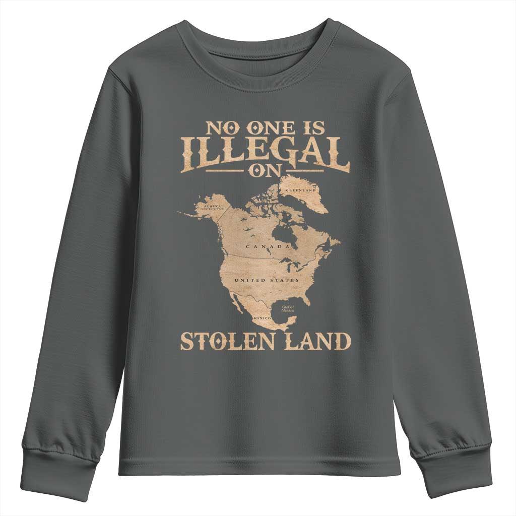 No One Is Illegal On Stolen Land Youth Sweatshirt North America Vintage Map TS11 Dark Heather Print Your Wear